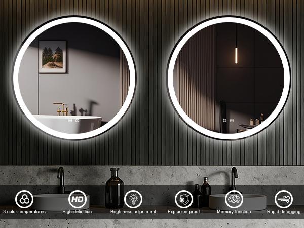 Round LED Vanity Mirror for Bathroom,Anti Fog Lighted Mirror with Backlit and Front Light,Three Color Temperature Dimming Smart Wall Mirror