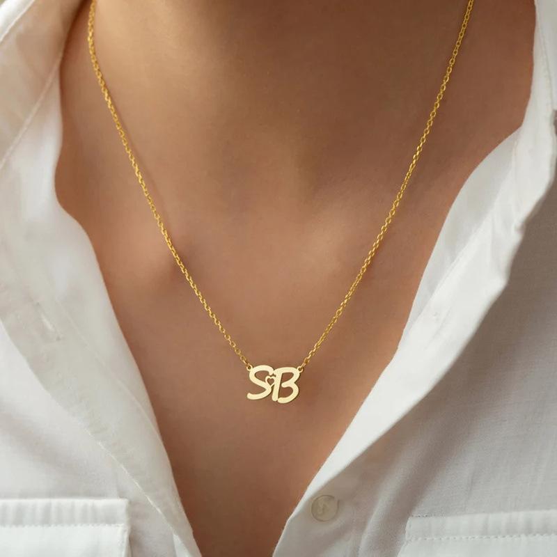 AS184 Custom Interlocking Initial Necklace,  Combined initials Gold Couple Monogram Pendant, Personalized His and Hers Letter Jewelry, Anniversary Gift for Girlfriend, Valentine's Day Present Customized Two Initials Necklace Gold Rope Chain