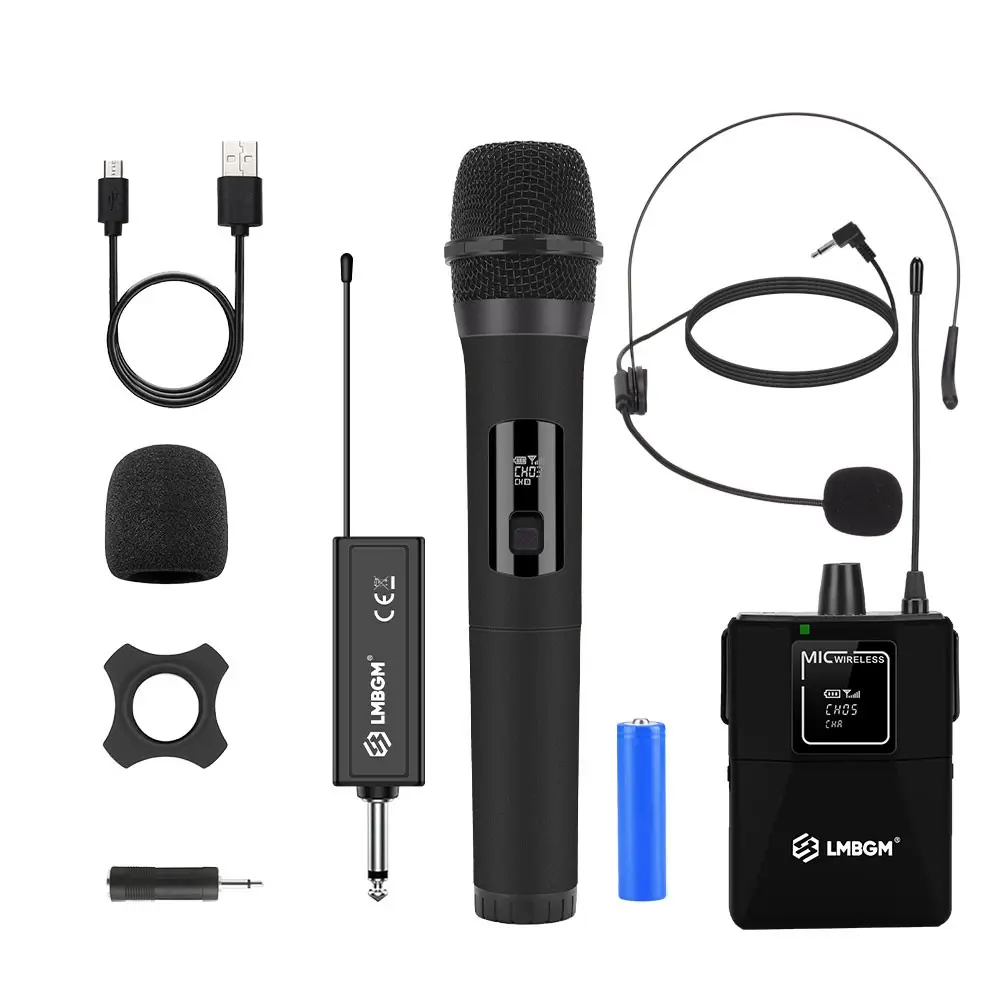 LMBGM W-2 Wireless Karaoke Microphone System, Wireless Mics, USB Rechargeable Charging Handheld Mic and Beltpack Headset Mic Set, Plug and Play 30-50M Stable Transmission for Home KTV, Outdoor Singing, Stage Performance and Speeches