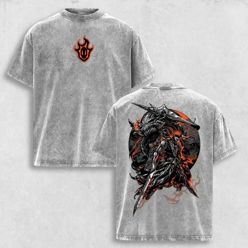 Vintage Washed Oversized T-Shirt for Men, Ichigo Bleach Anime Graphic Top in Soft 230gsm Premium Cotton, Seamless Shortsleeve Streetwear, Classic, Menswear