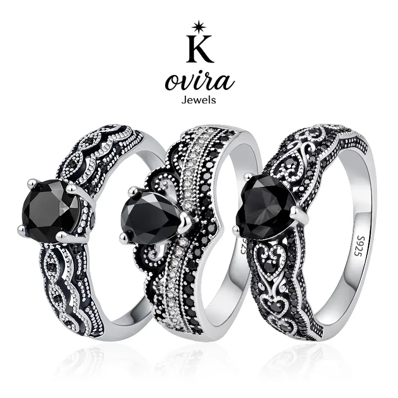 Kovira S925 Sterling Silver Vintage Black Obsidian Fashion Rings for Women - Evil Eye/Heart/Crown Designed, Dark Feminine Protection Amulet, Elegant Statement Ring, Dark Romance Jewelry Gift, Elegant Ring