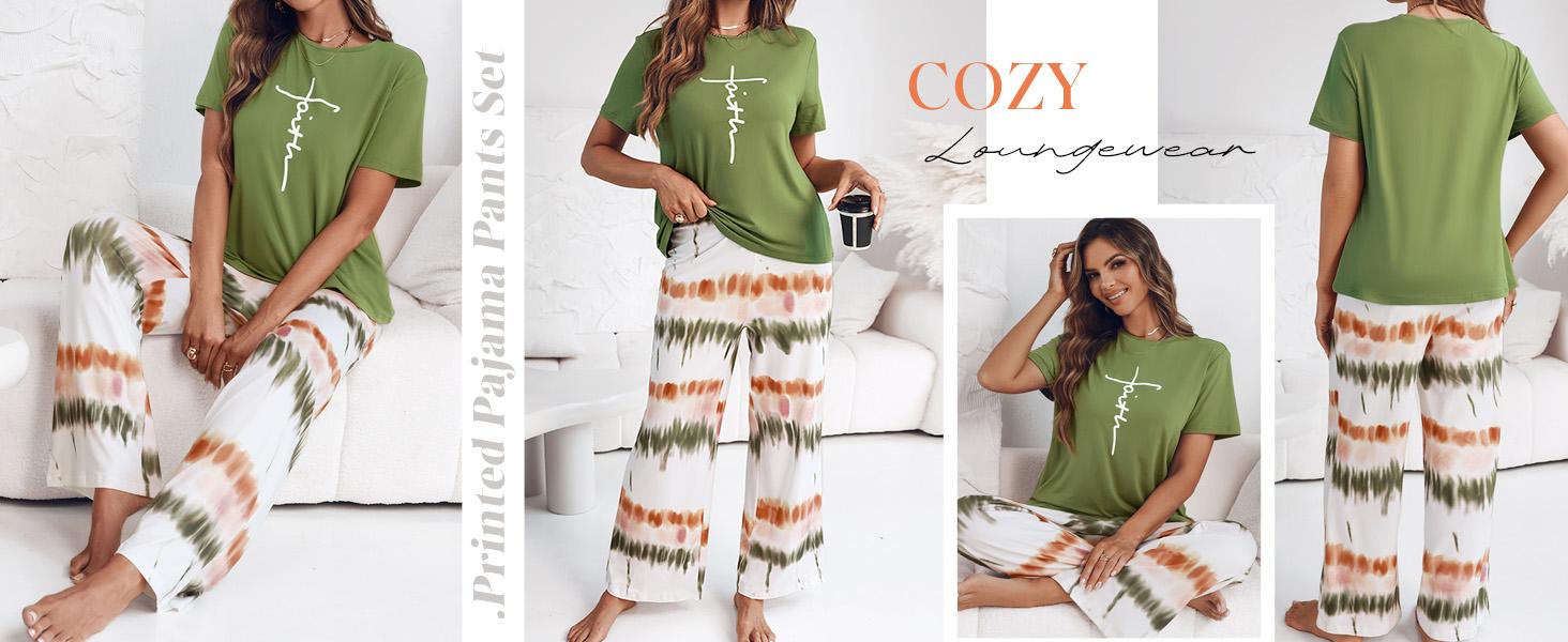 ChicMe Women's 2 Piece Sets Round Neck Short Sleeve Top & Ombre Print Loose Pants Matching Pajamas Sets Fit