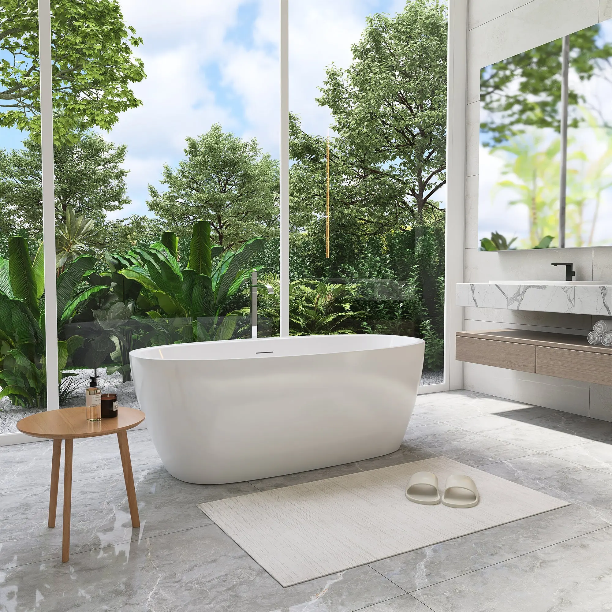 Beyaz 59" x 32" Flatbottom Freestanding Acrylic Soaking Bathtub in Glossy White with Drain and Integrated Overflow