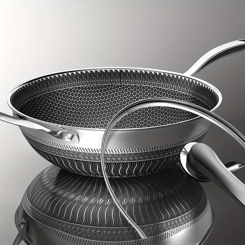 13.4inch Stainless Steel Non-Stick Pan with Lid and 2 Cookware Accessories, Honeycomb Design, Household Cooking Pan, Suitable for Induction Cookers, Electric Ceramic Stoves, and Kitchen Utensils