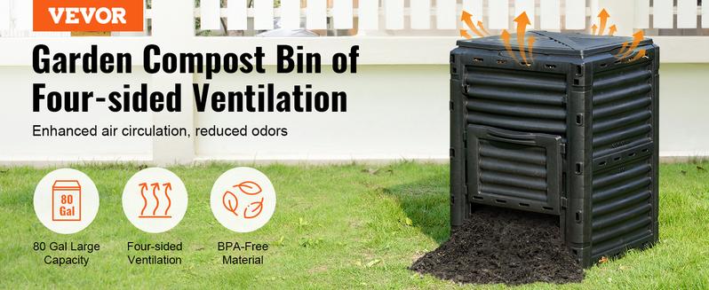 VEVOR Garden Compost Bin 80 Gal, TikTokShopBlackFriday, BPA Free Composter, Large Capacity Outdoor Composting Bin with Top Lid and Bottom Door, Easy Assembling, Lightweight, Fast Creation of Fertile Soil