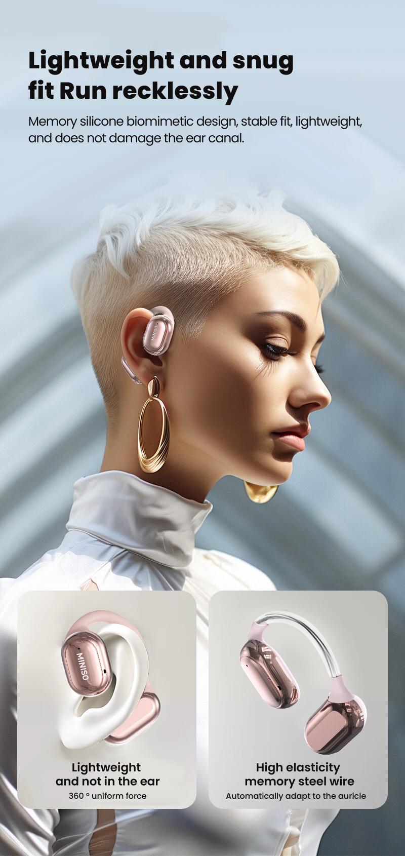 Miniso X39 True Wireless Open Ear Headphones , Bluetooth 5.4 Long Battery Time Earbuds , HiFi Sound Over Ear Headphones