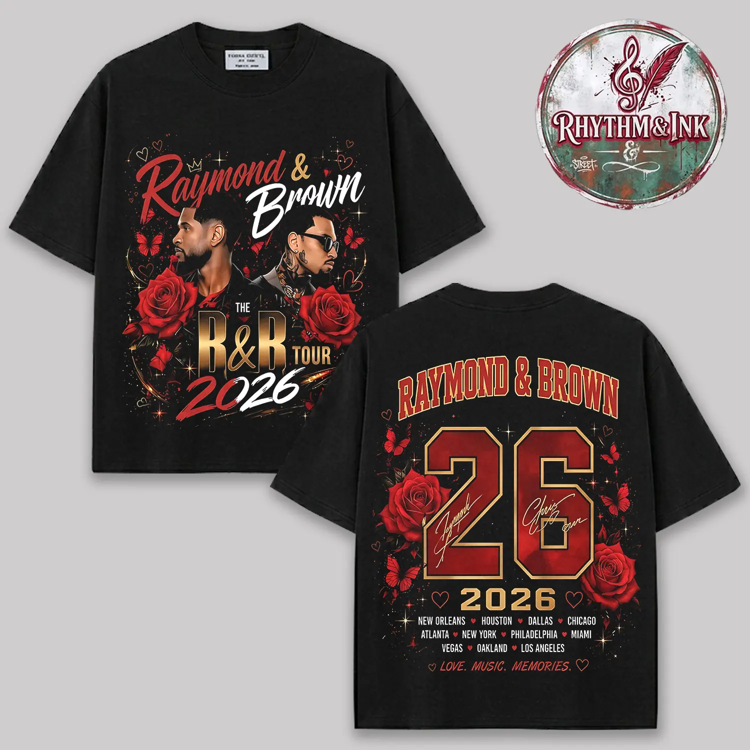 Raymond & Brown V4 T Shirt Two Sided R&B Tour 2026 Bootleg Graphic Tee Raymond and Brown Concert Merch Oversized Heavyweight T-Shirt Vintage 90s Rap Tee Hip Hop Music Shirt Trendy Y2K Graphic Tee Aesthetic Streetwear Merch Gift for Men Women