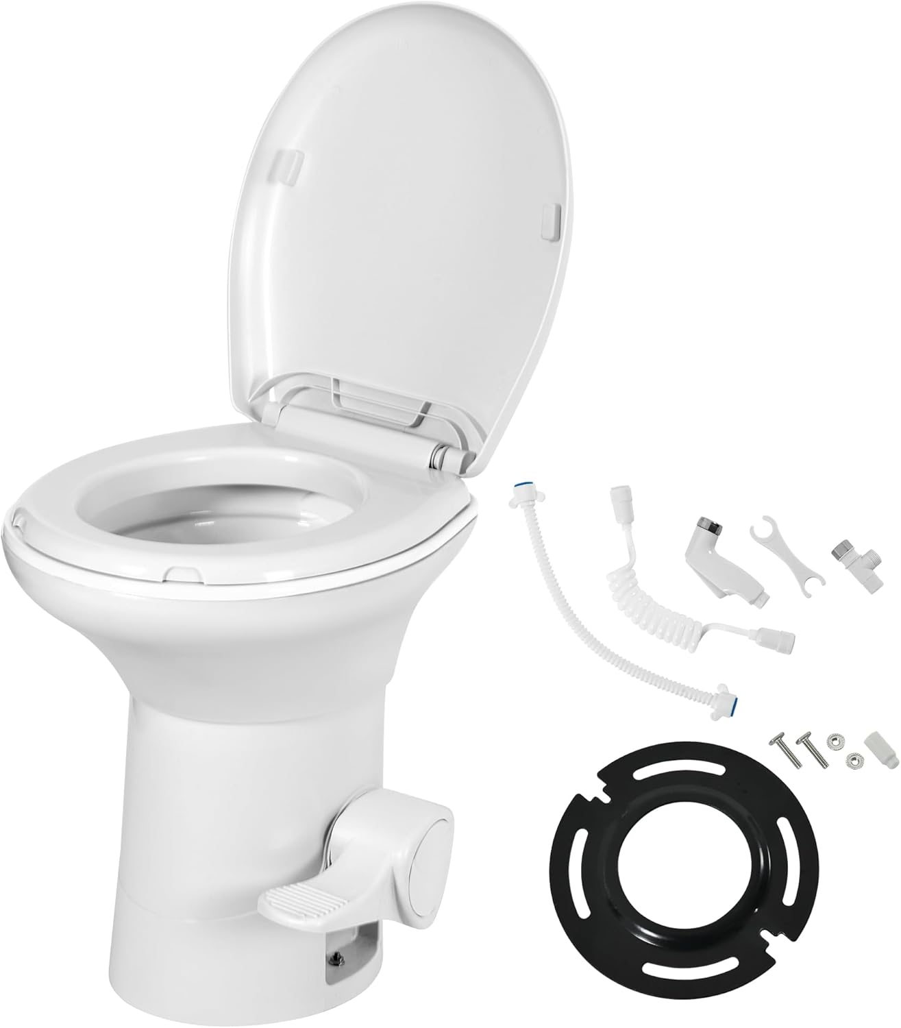 YITAMOTOR RV Toilet with Enamel Bowl Plastic Toilet Body Pedal Flush Gravity Flush High Profile with Hand Sprayer & Flange for Motorhome Caravan Car Travel