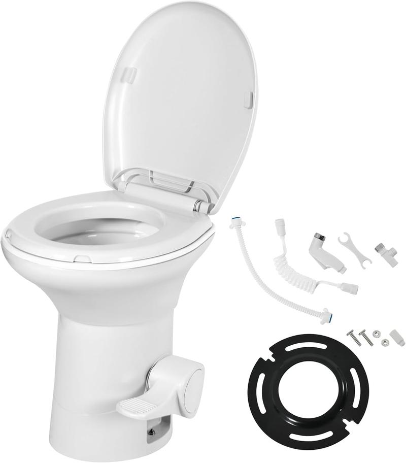 YITAMOTOR RV Toilet with Enamel Bowl Plastic Toilet Body Pedal Flush Gravity Flush High Profile with Hand Sprayer & Flange for Motorhome Caravan Car Travel