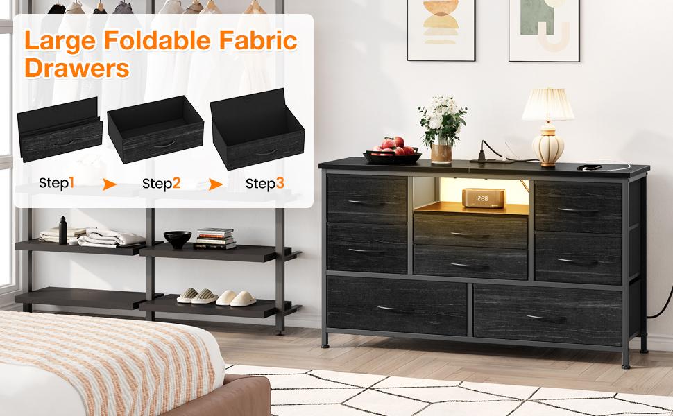 GARVEE Wide Dresser with 8 Large Drawers for 55" Long TV Stand, Fabric Drawer for Bedroom with Power Outlet, Chests of Drawers for Bedroom, Living Room, Closet, Entryway, Living Room Storage
