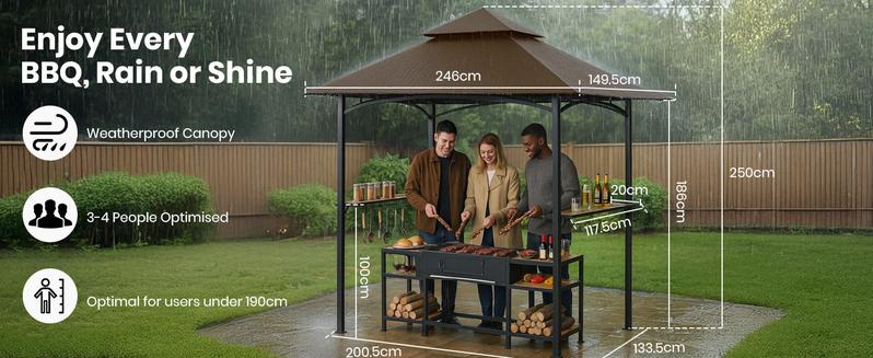 GVDV 8x5FT Grill Gazebo - Outdoor BBQ Canopy Shelter with 2 Side Shelves & Double-Tiered Top for Patio Backyard Grilling, Brown