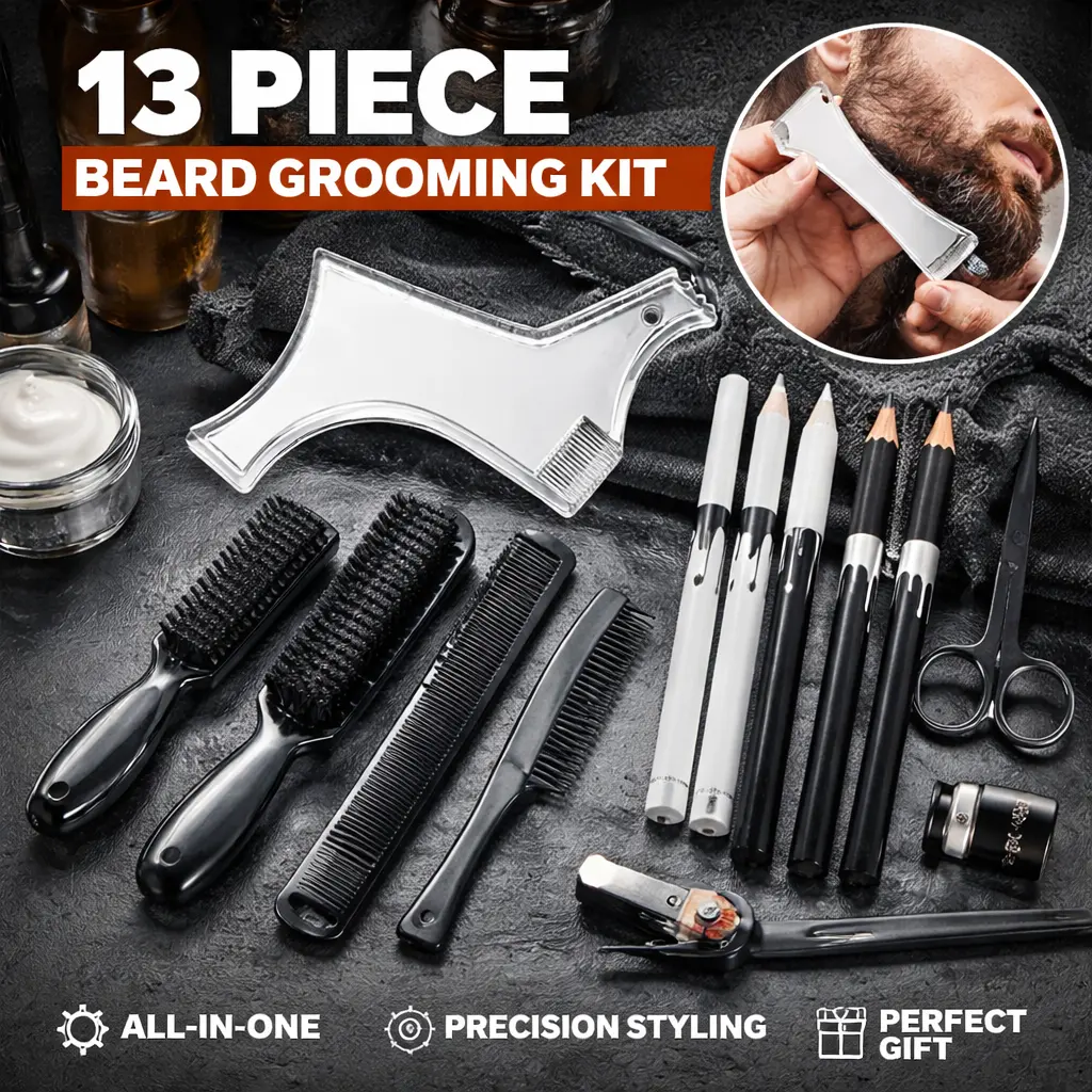 Men's 13pcs Beard Shaper Trim Kit - Barber Precision Styling Tools, Lineup Edging Pencil, Sharpener, Beard Guide, Eyebrow Scissors, Shaping Comb, Clipper Brush for Clean Edges, Adults' Grooming Gift for Father's Day, Anniversary