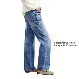 Flamingals Wash Ripped Stitch Detail Mid Waist Straight Leg Jeans Without Belt