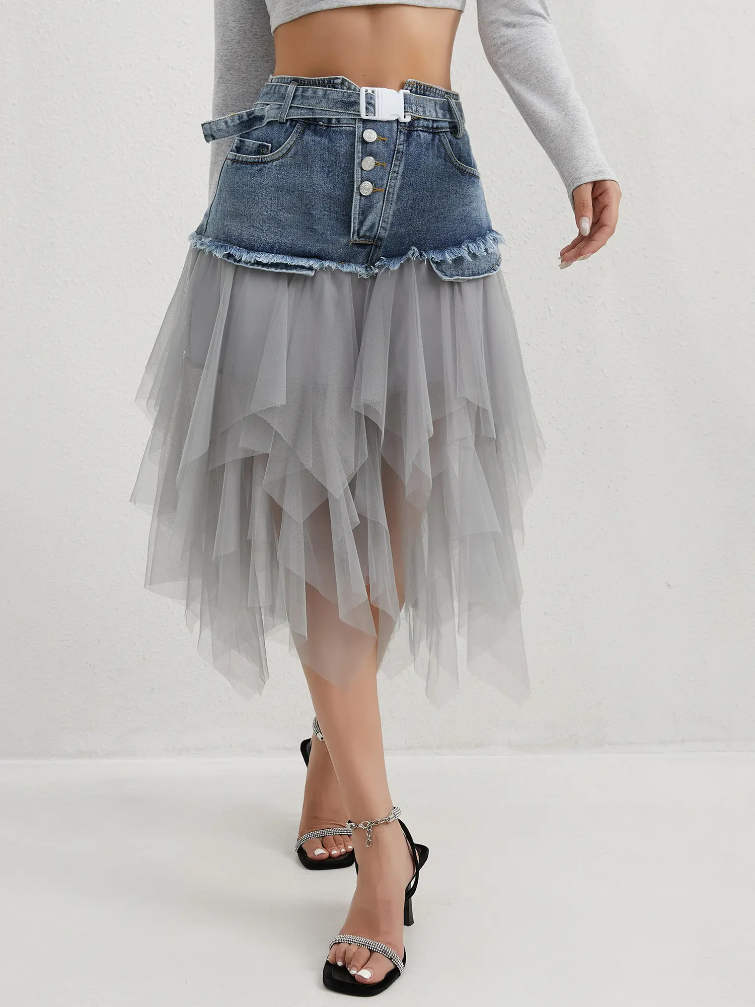 Women's Denim Patchwork Skirt with a High-Waist Spliced Tulle Layer, Button-Accented Raw Edge Hem, Perfect for Pairing with Tops, Adjustable Buckle, Patchwork Texture, Do Not Dry Clean, Fitted, Chic, Woven, High‑Waist Fit