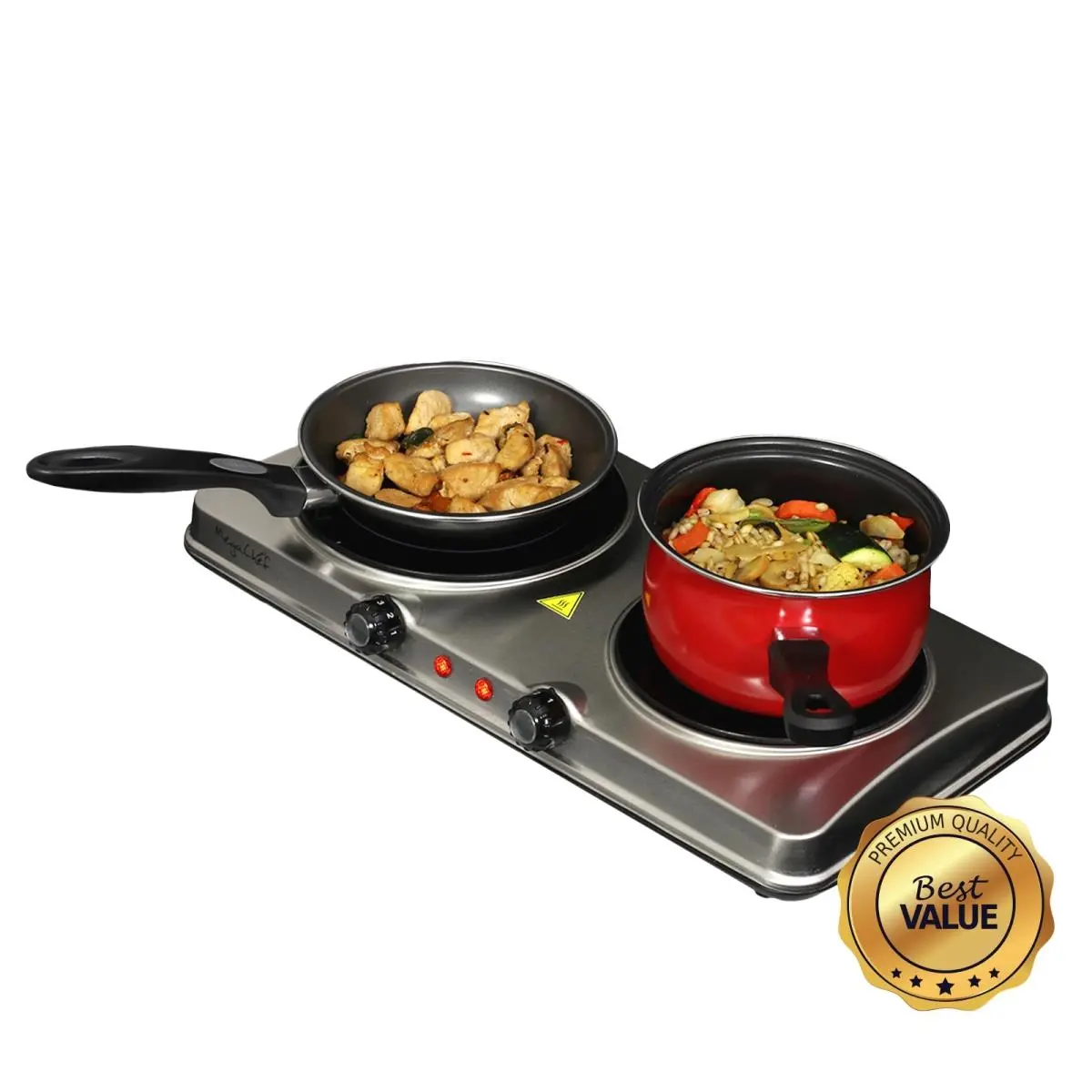 MegaChef Corded Electric Infrared Burner Cooktop - Compact, 7.5x6.5", Heavy-Duty, Portable, Adjustable Temp, Dual Burners, Sleek Steel Buffet Range