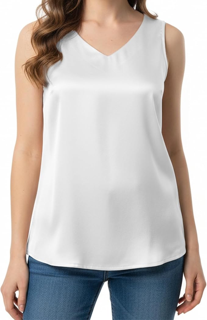 Women's Satin V-Neck Camisole - Casual Loose Sleeveless Basic Blouse