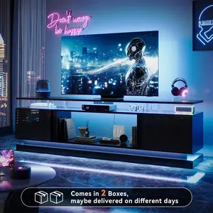 【Ships 2 Packages】oneinmil 70" Fireplace TV Stand Modern Entertainment Center for TVs Up to 80” with Storage Cabinets & RGB Light Strips Black TV Stand and Electric Fireplace
