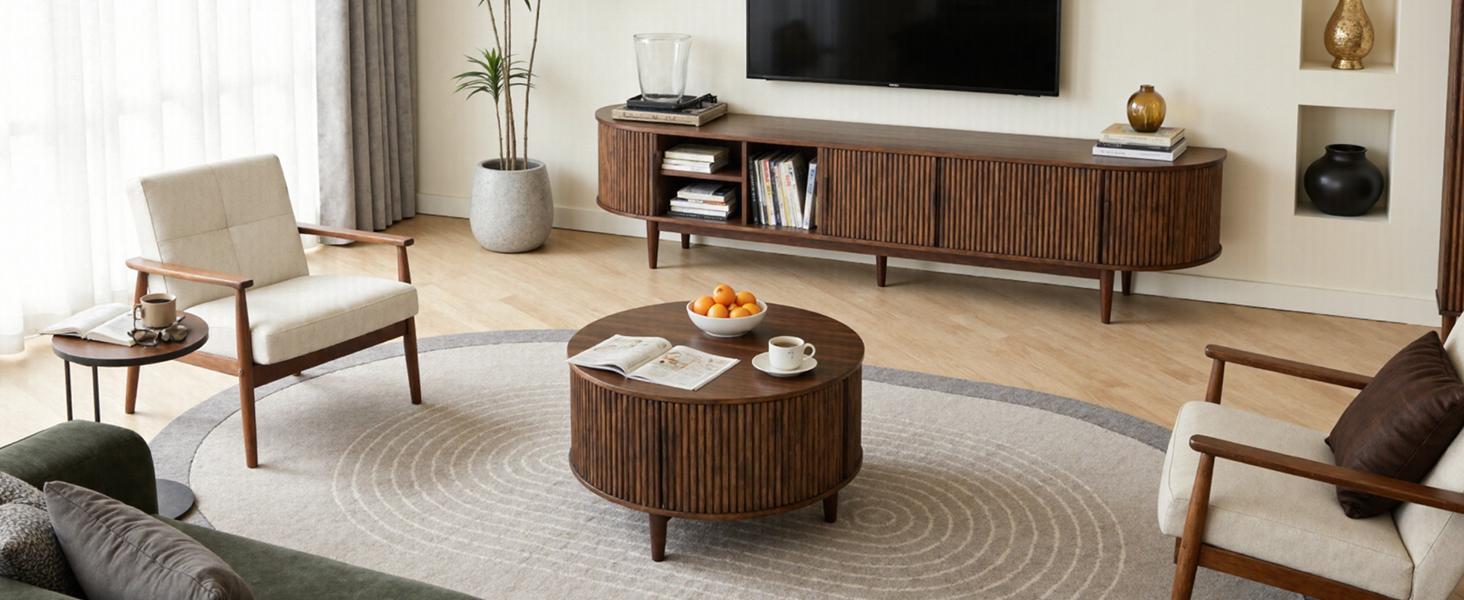 Round Coffee Table, Wood Coffee Tables for Living Room with Storage, 2-Tier Center Circle Counter with Wooded Desktop, 110 lbs Capacity, Anti-Slip Feet, Modern Farmhouse Design