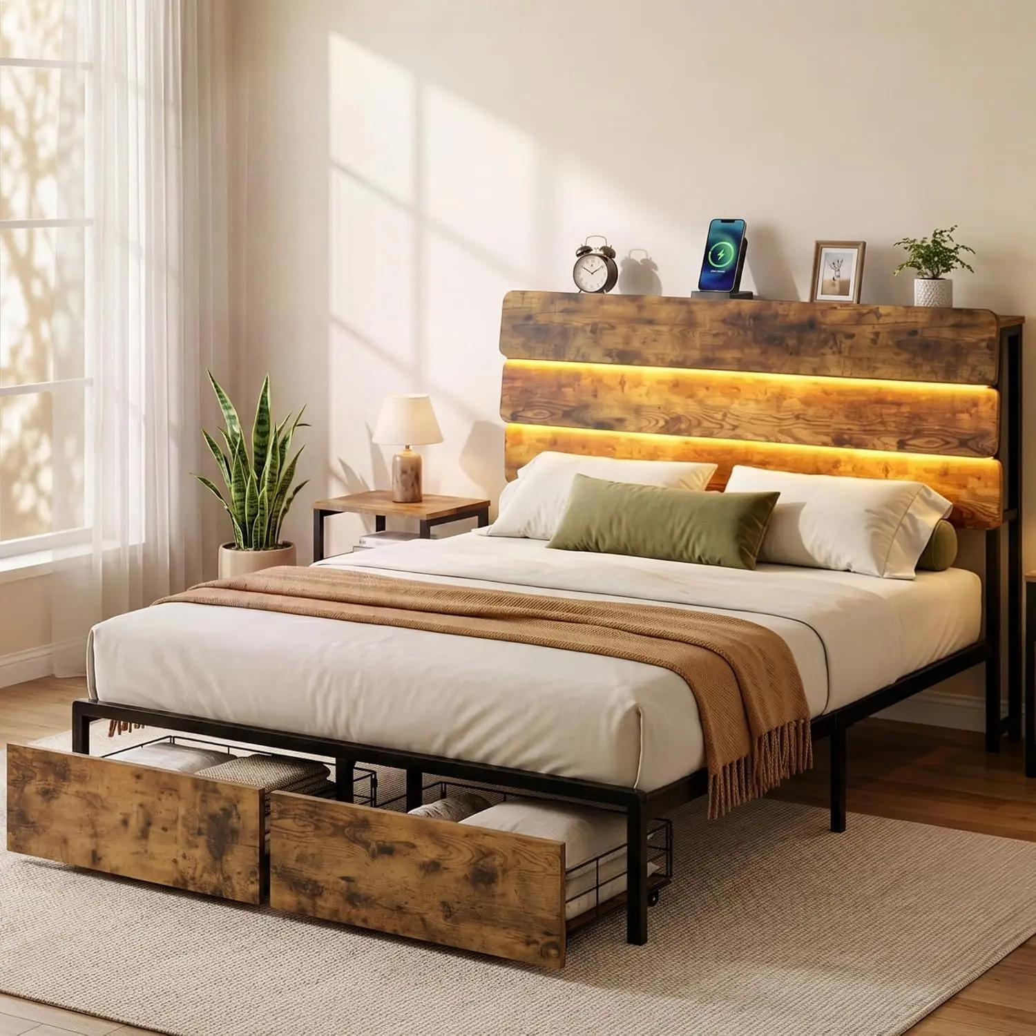 Jocoevol Rustic Brown Full Platform Bed Frame with Headboard, 2 Storage Drawers, Metal Build, LED Lights, Charging Station, Heavy-Duty Slats, No Box Spring Needed, Noise-Free, Led/Charging
