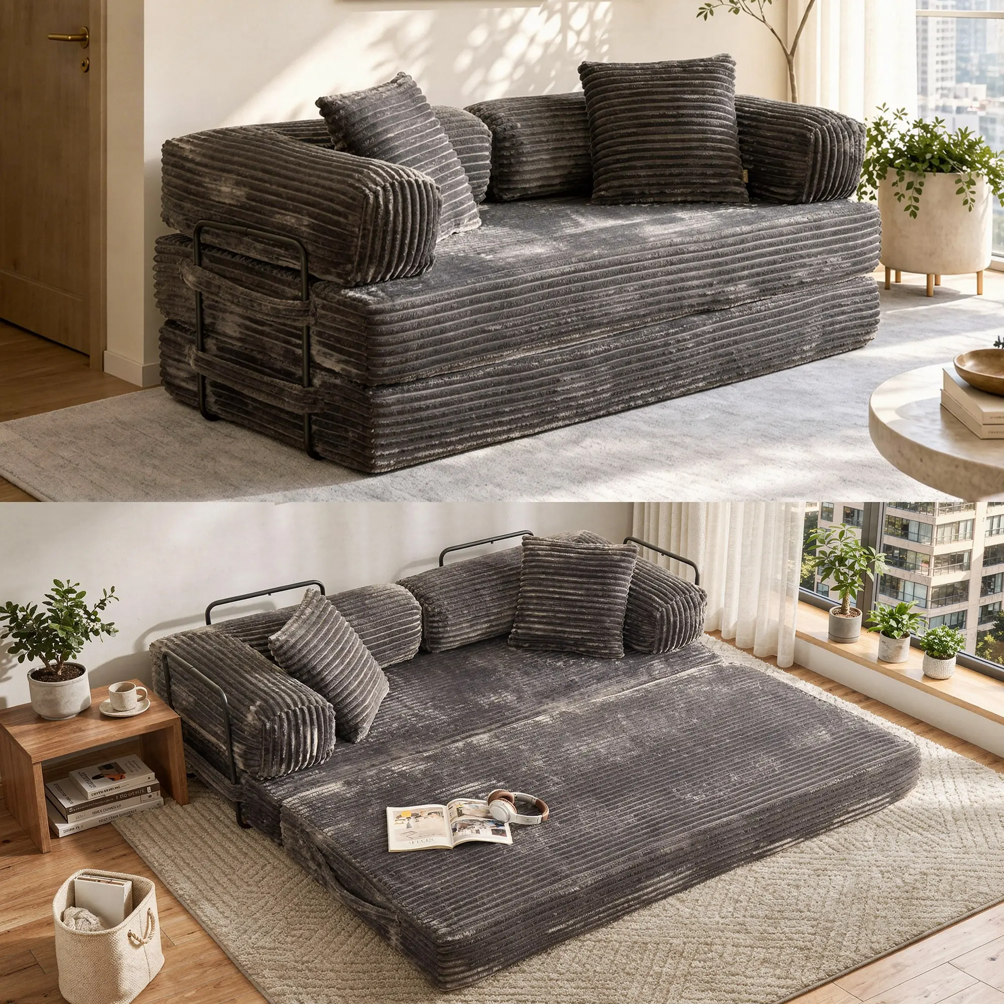 CAODOC 80"Oversized Boneless Couch, 5-in-1 Convertible Sleeper Sofa Bed, Deep Seat Corduroy Modular Floor Sofa, Foldable Pull-Out Couch for Living Room, Apartment,No Assembly Upholstered Sofa Couch