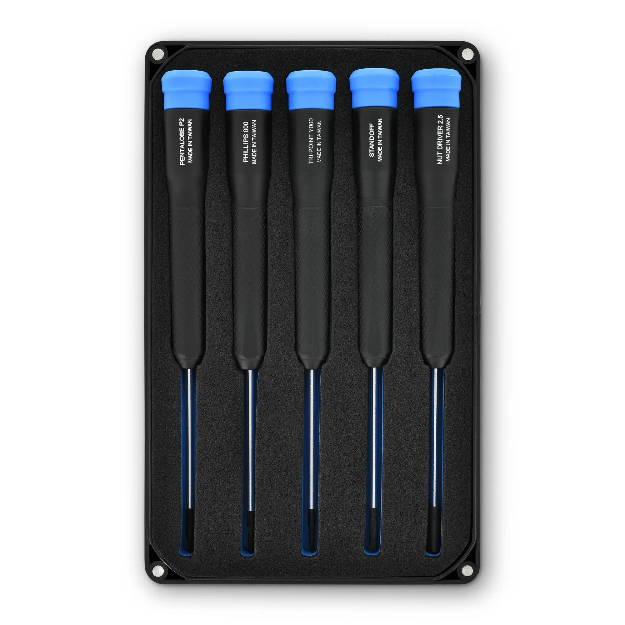 Marlin 5-Piece Precision Screwdriver Set - Standoff, Workbench Compatible, Fixed Blade Bits, Magnetic Lid, Ergonomic Rubberized Grip, Sorting Tray, 2.5 Mm Nut Driver, P2 Pentalobe for iPhone Repair, Electronic Maintenance Hand Tools