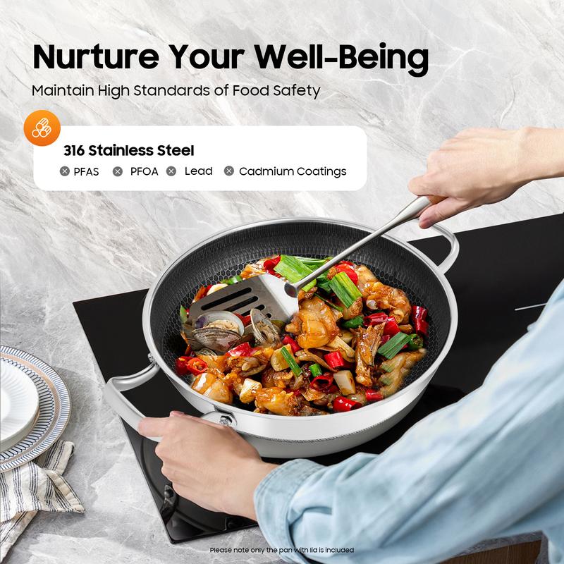 Professional 316 Stainless Steel Frying Pan Induction Compatible Non Stick Skillet for All Stovetops Gas Electric Ceramic Even Heating Restaurant Grade Cookware with Glass Lid