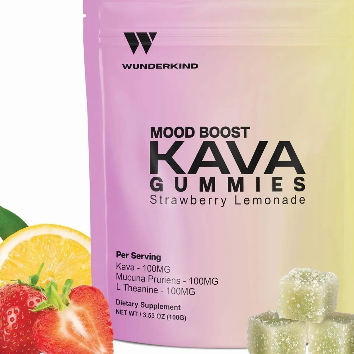 WUNDERKIND Kava Gummies Extra Strength Mood Boost - High-Potency 70% Kavalactones | Natural Stress Relief | Vegan, Clean Ingredients, No Gelatin or Dyes | 1 Gummy Per Serving | Strawberry Lemonade