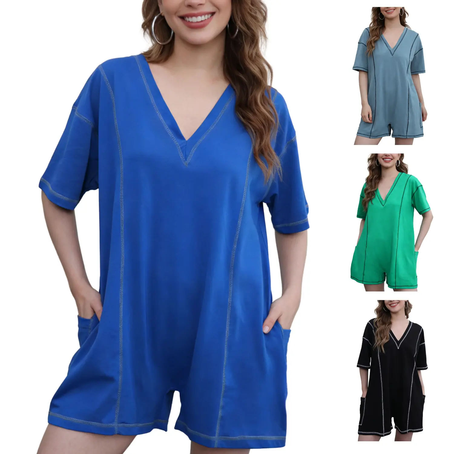 JovenPara Women's Colorblock Shortsleeve Overalls - Basic Cotton Casual Summer Rompers with Oversized Back V-Neck, Pockets, Onesie Tee Design, Casual Overalls, Baggy, Lady, Athletic, Color Blocking Overalls