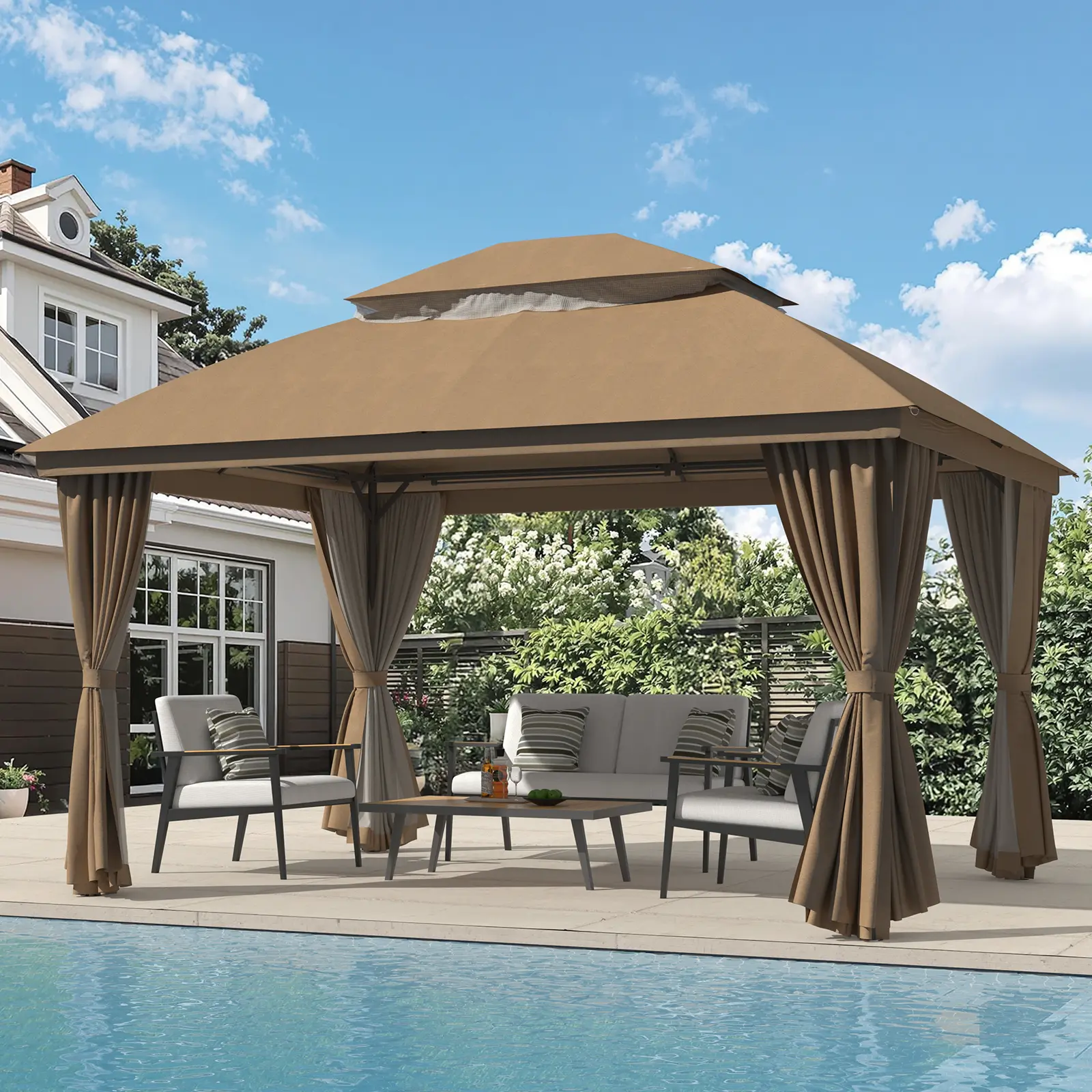 Outdoor Gazebo 10×13 FT for Patio, Metal Frame Canopy with Double Roofs, Heavy Duty Party Tent with Mosquito Netting and Curtains for Backyard, Garden, Lawn and Deck, Coffee, Grey,home decor,camping essentials