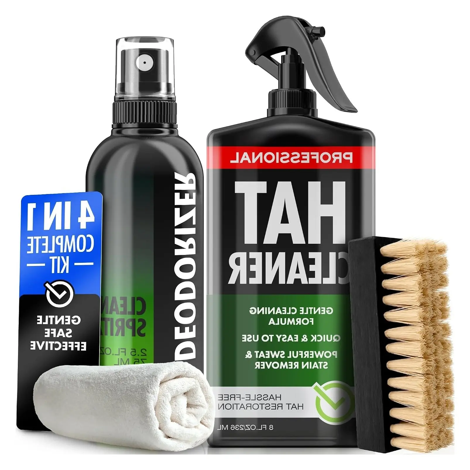 4-in-1 Professional Hat Cleaning Kit - Removes Dirt and Stains, Gentle Hat Cleaner for Baseball Caps, Fitted Cowboy, & Felt Hats, Complete Hat Cleaner with Hat Deodorizer, Brush & Microfiber ClothGift