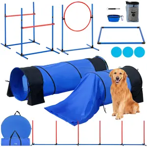 VEVOR Dog Agility Training Equipment,  , 7 PCS Set w/ Adjustable High Hurdles,6 Weave Poles,2 Tunnels,Jump Ring,Pause Box,3 Frisbee,Whistle,Foldable Bowl,Puppy Obstacle Course Kit w/ 3 Bags