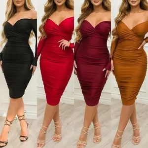 Sexy off-shoulder ruched bodycon long sleeve casual ladies dress Workwear Chic