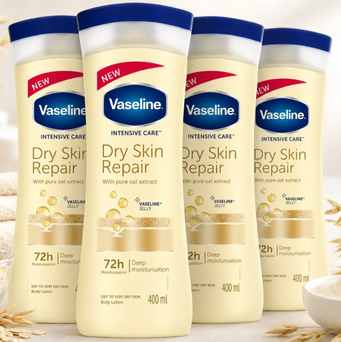 Vaseline Intensive Care Dry Skin Repair Lotion Value Bundle (400ml/13.5oz) with Pure Oats Extract & Vaseline Jelly, Full Body Moisturizer for Irritated Skin, 72-Hour Deep Hydration, Absorbs Well Multipack Set