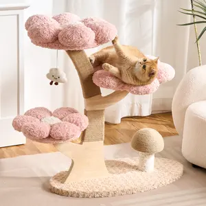 Flower Cat Tree, 37" Wood Branch Cat Tower, Pink Cloud Cat Tree with Scratching Post for Indoor Adult Cats, Luxury Cat Tree with Mushroom Cat Scratcher & Interactive Squeaky Toy