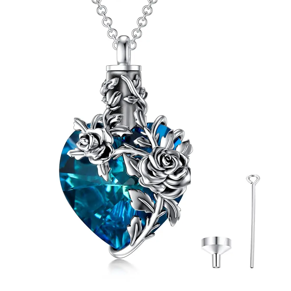 MEIDERBO 925 Sterling Silver Urn Necklace, Rose Flower Heart Locket for Ashes with Teardrop Crystal, Thoughtful Memorial Jewelry for Women, Symbol Necklace, Meaningful Gifts, Heart Shaped Pendant, Crystal Necklaces