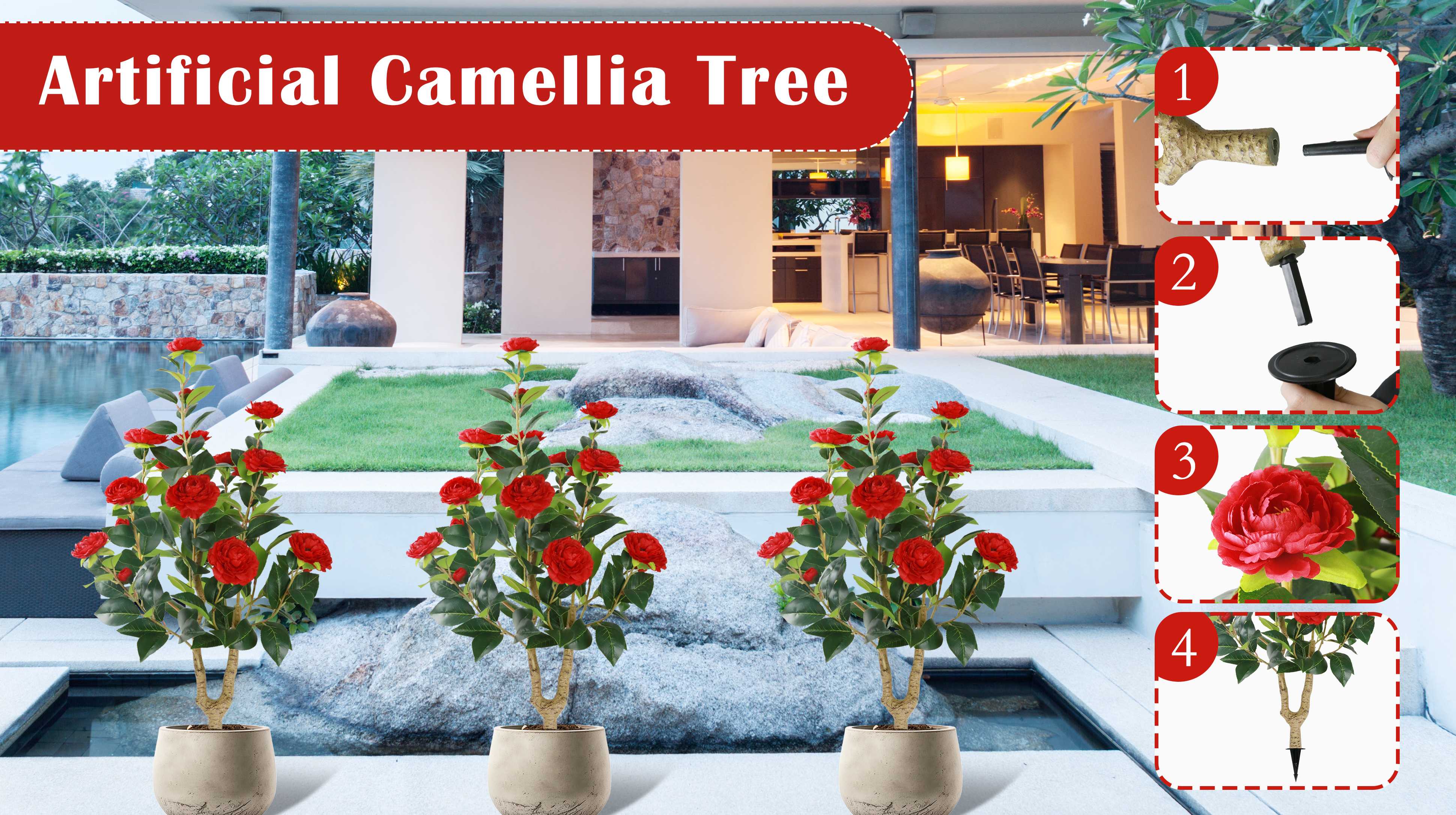 SUNNYGLADE 35.5" Artificial Camellia Tree, Faux Red Camellia Flowers Plant with Spike, Fake Greenery Tree for Spring Home Front Door Outdoor Indoor Decoration（set of 2)