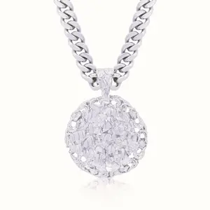 Large Silver Nugget Necklace: 7mm Cuban Chain, 33mm in Diameter Pendant, Lifetime Replacement