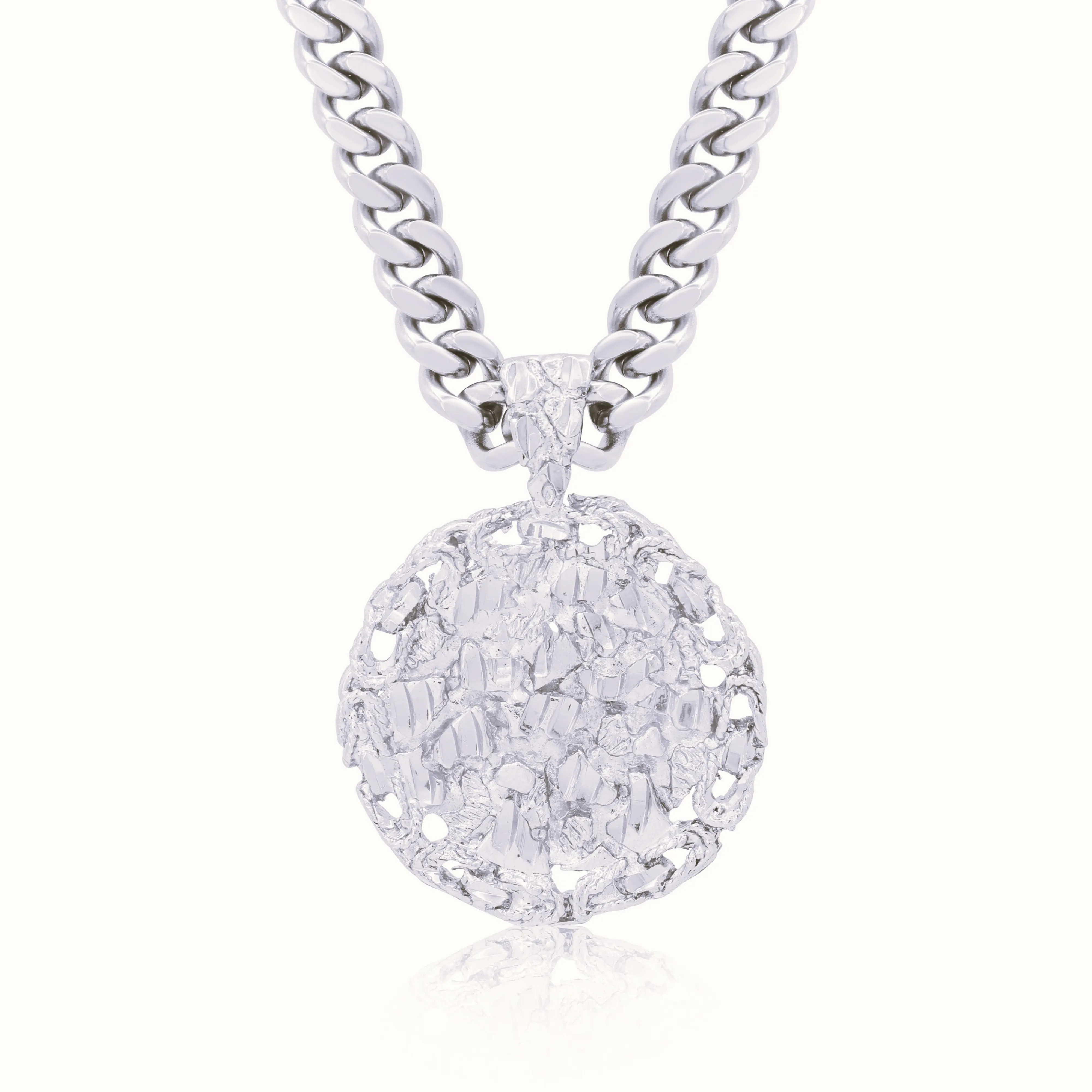 Large Silver Nugget Necklace: 7mm Cuban Chain, 33mm in Diameter Pendant, Lifetime Replacement