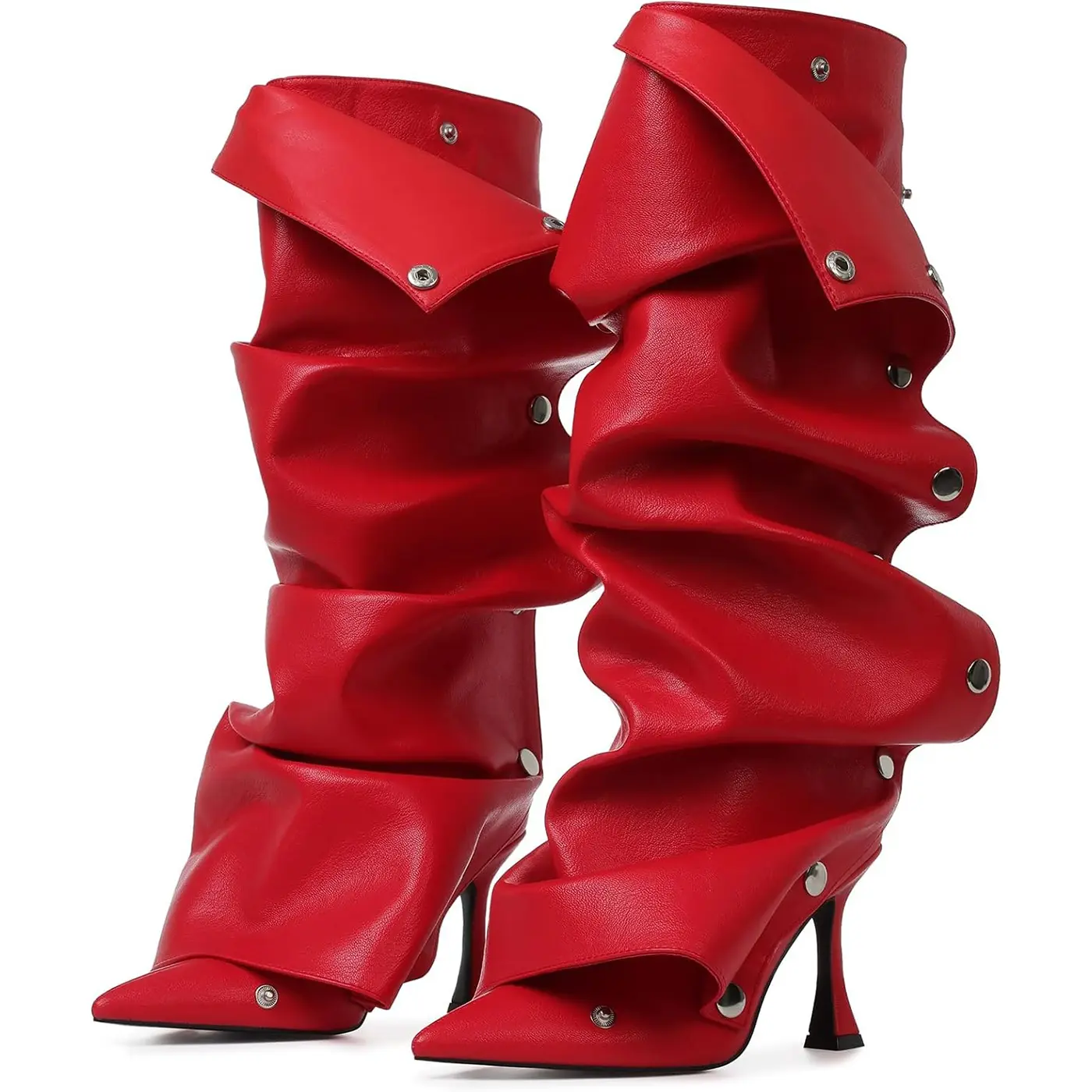 Women's Knee High Boots Stiletto Boots Pointed Toe High Heels Wide Calf Ruched Slouchy Boots Detachable Snap-off Panel Mid Calf Boots Black Boots
