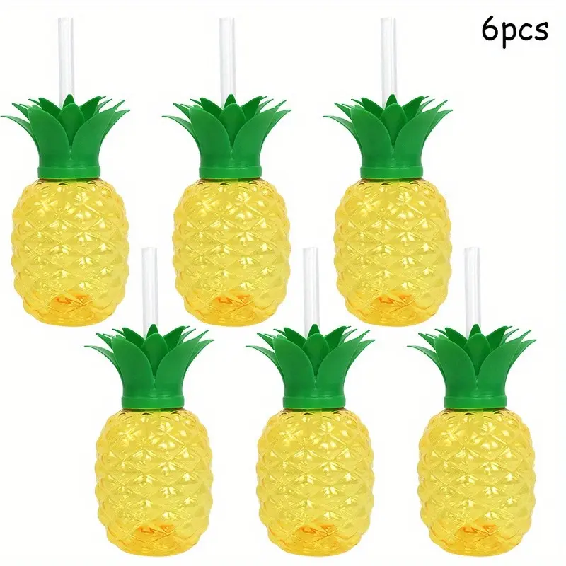 6pcs/ Set Plastic, Disposable Pineapple Cups with Straws Strawberry Cups Ideal for Hawaiian Luau Themed Birthday Parties, Tropical Summer Beach Party decor Drinking Cups, Funny Beverage Cup for Halloween, Christmas Festive Party Supplies
