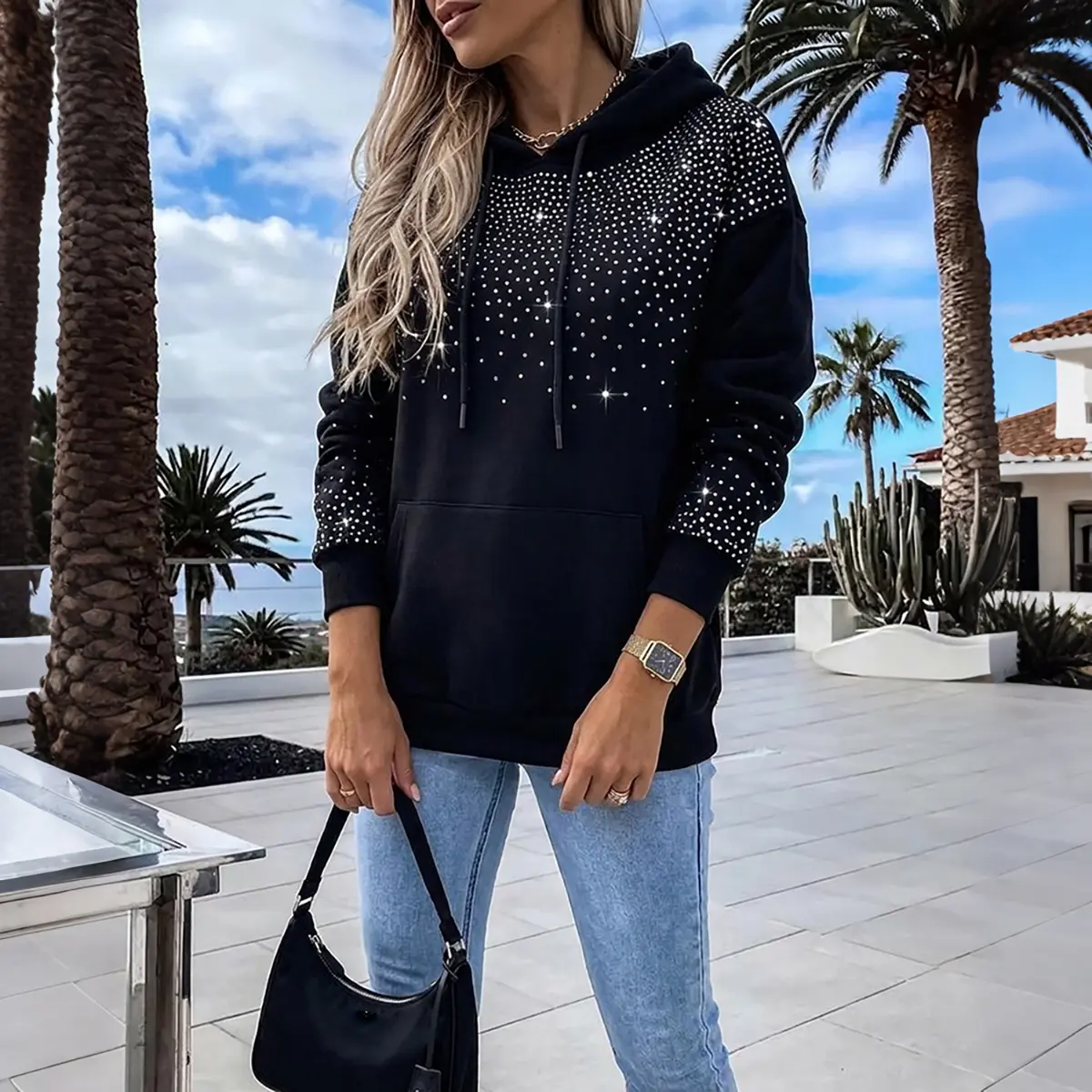 CHICME Women's Rhinestone Drawstring Hooded Sweatshirt Casual Sparkly Loose Fit Oversized Fall Pullover for BacktoSchool