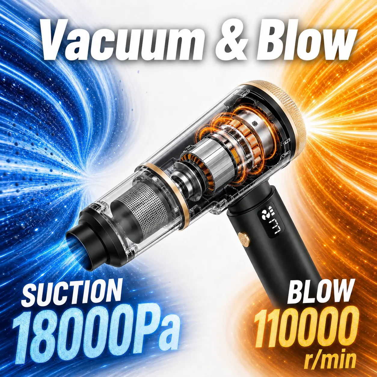 Cordless Brushless Car Vacuum - 4-in-1 Multi-Purpose Portable Mini Size Device with 18000Pa Powerful Suction, Compressed Air Duster, Smart LED Screen, Led Display