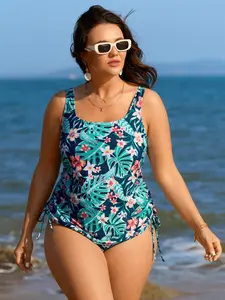 【Summer Turn-Up】【Tummy control】BlOOMCHIC Plus Size Breezy Tropical Print Drawstring Swim Top [M-6X] 2026 Summer Pick for Mother's Day