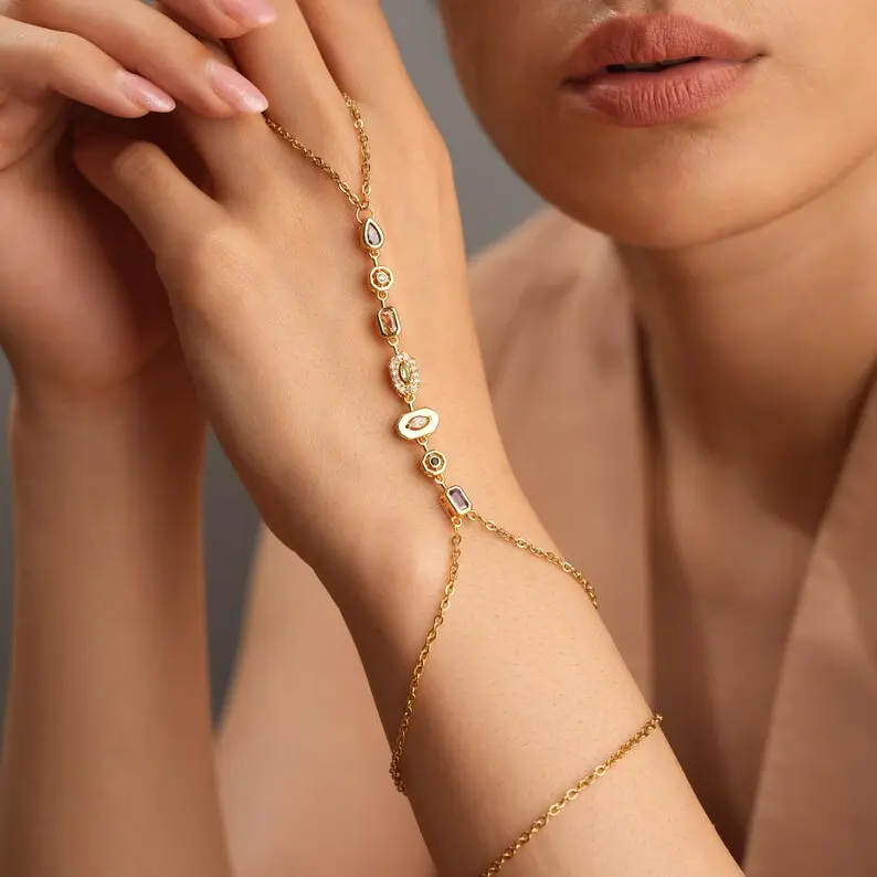 Handmade Gold-Plated Adjustable Shahmaran 7-Chakra Stone Hand Chain Jewelry Bracelets, Exquisite Bracelet with Stone Accents, High Shine Spiritual Accessories for Festival Gifting, Unisex