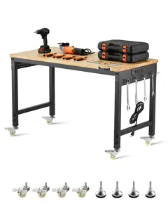 48-Inch Mobile Workbench on Wheels with Adjustable Height, Built-In Power Outlet, Pegboard Organizer, Large Steel Work Surface, Locking Casters and Under-Top Storage, Ideal for Garage, Shop, and DIY Projects