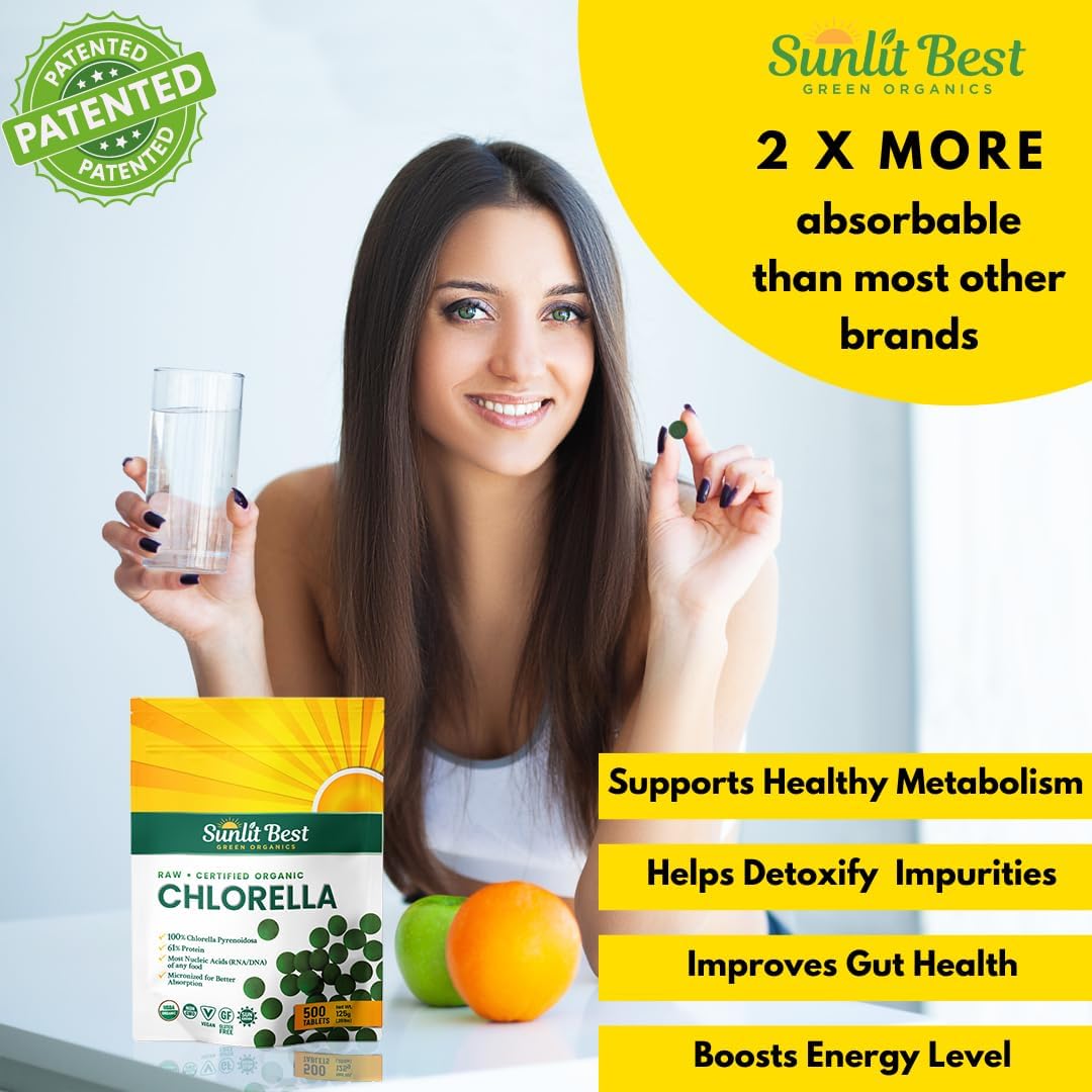 Sunlit Best Organic Chlorella 500 Tablets - 100% USDA Organic Cold press, Burst cell wall 100% Pure Chlorella Superfood Supplement High in Protein, Chlorophyll, Vitamins, & Minerals