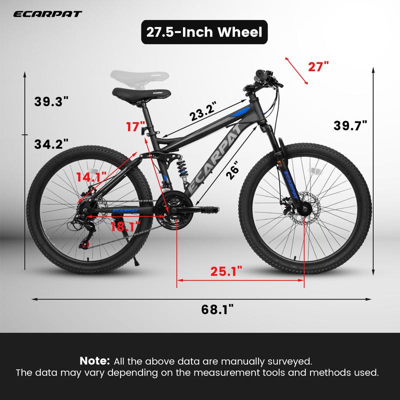27 Inch 26 Inch 24 Inch Full Suspension Mountain Bike, Front and Rear Dual Shock Absorbers, Mechanical Disc Brakes, 21-Speed, Suitable for Men and Women, Ideal for Travel and Fitness Enthusiasts. trp