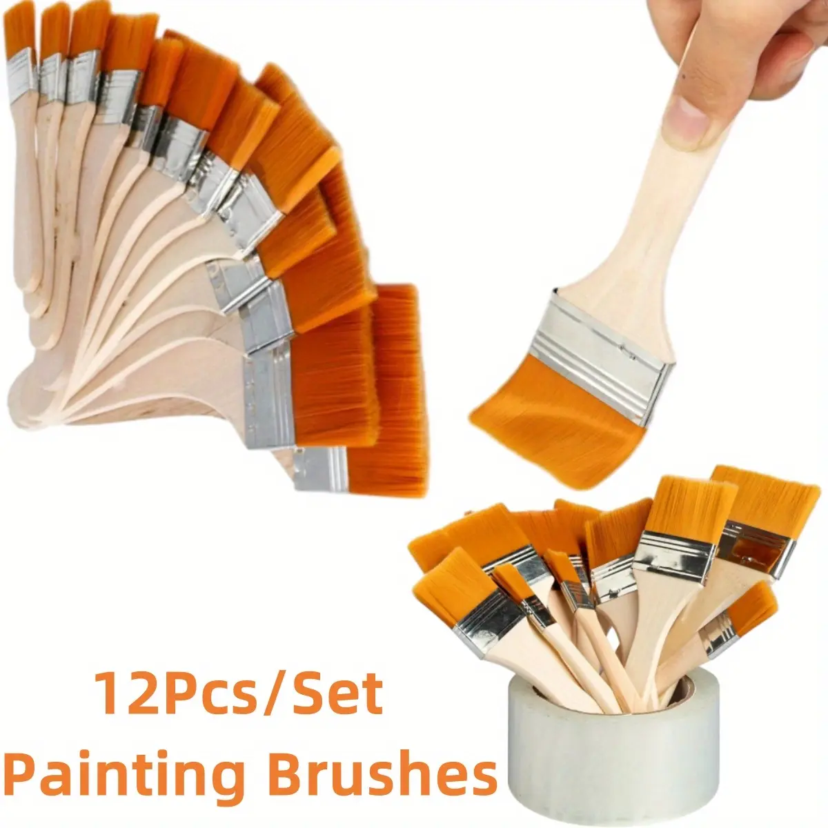 12pcs Eco-Friendly Wood Handle Flat Nylon Art Paint Brushes Set for DIY Artist Oil Painting, Car Washing & Maintenance Surface Touch-Up (Canvas, Wall, Furniture), 12Pcs Set