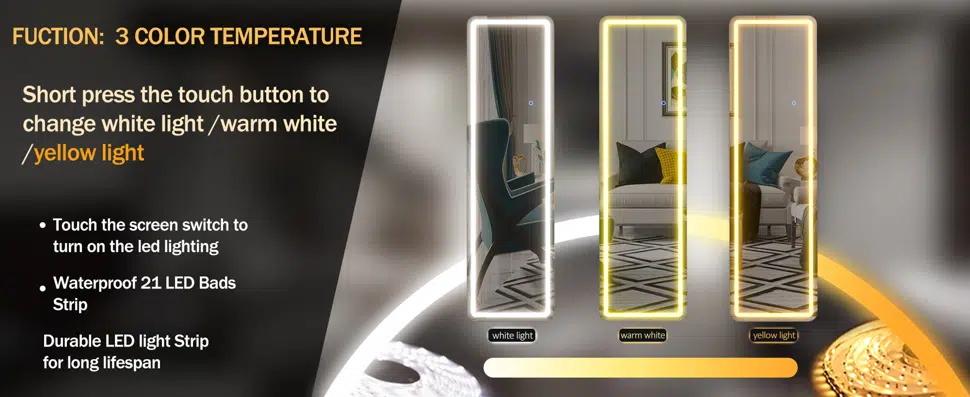 [LIVE3] 64” x 21” Full Length Mirror with LED Light, Floor Hanging Mirror Wall Mounted, Dimming & 3 Color Lighting for Bedroom Cloakroom Decor