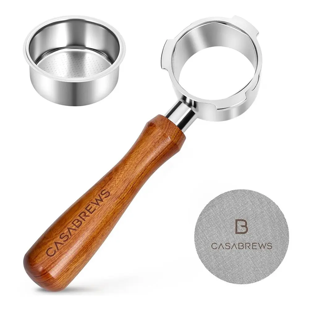 CASABREWS 51mm Bottomless Portafilter with Wooden Handle - Food-Grade Steel Espresso Filter Holder for Coffee Bar Accessories, Espresso Accessories, 2-Cup Brewing, Dial In Shots at Home (Double Shot Basket & Puck Screen Included)